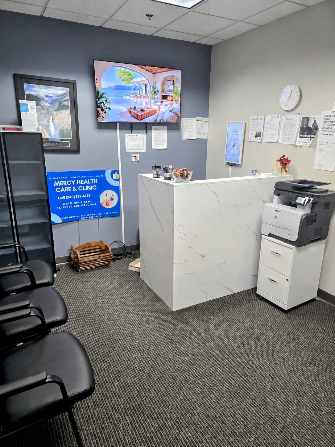 Reception and waiting area at Mercy Health Care and Clinic, Largo MD